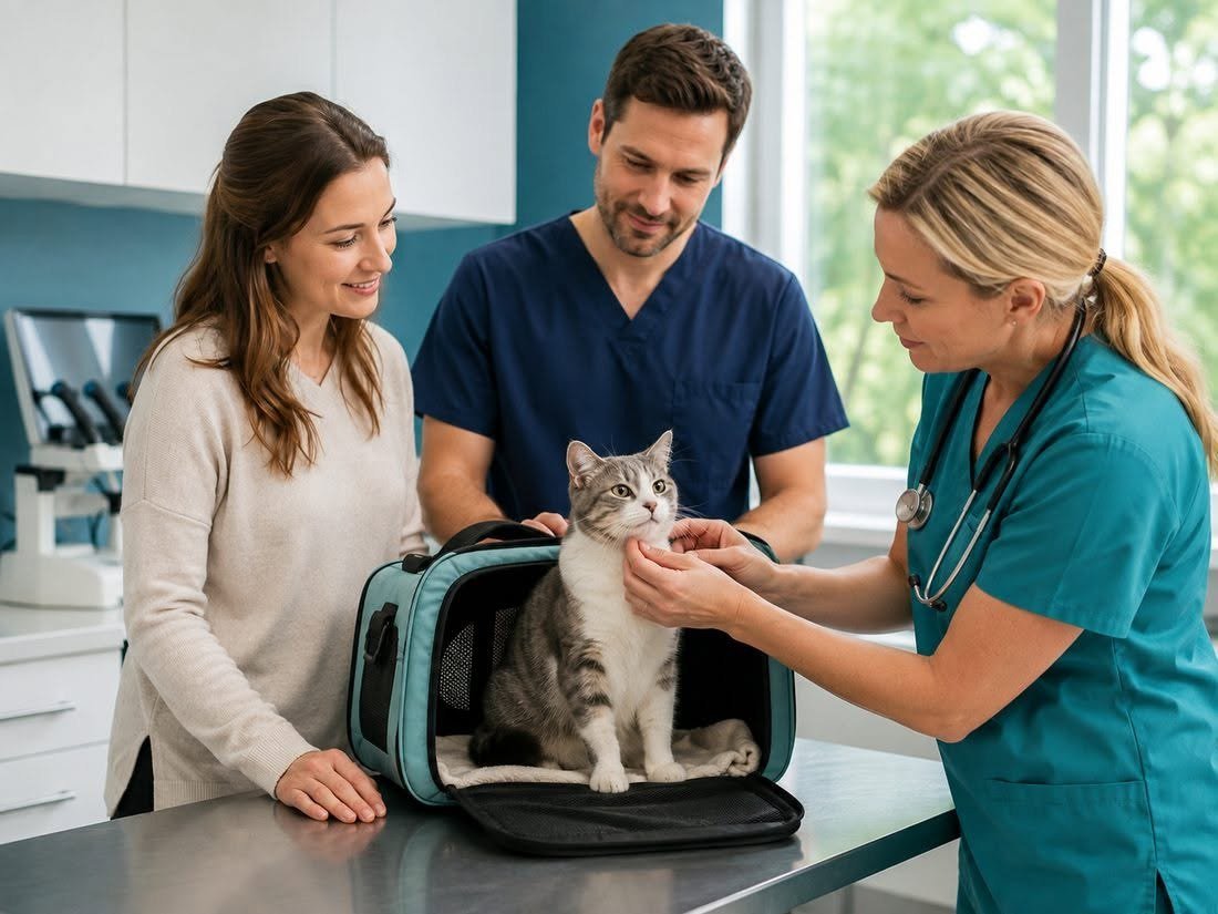 Veterinary team caring for a cat in a carrier