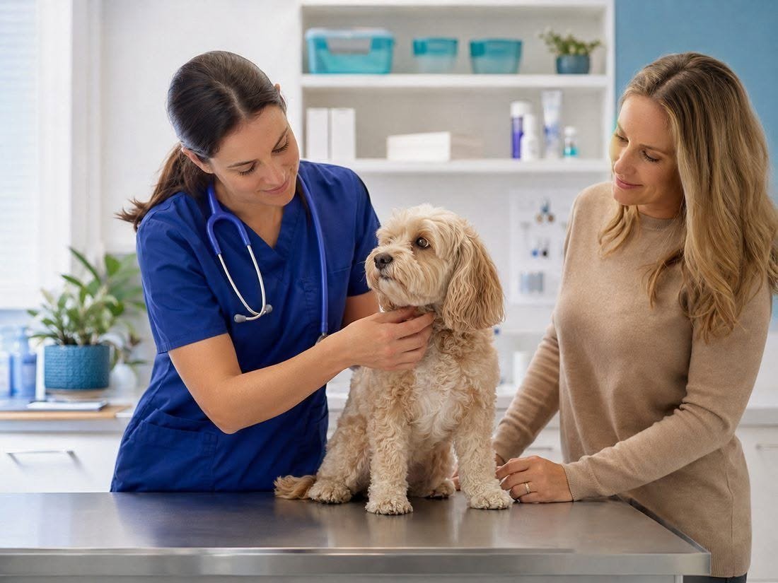 Veterinarian examining a dog with its owner