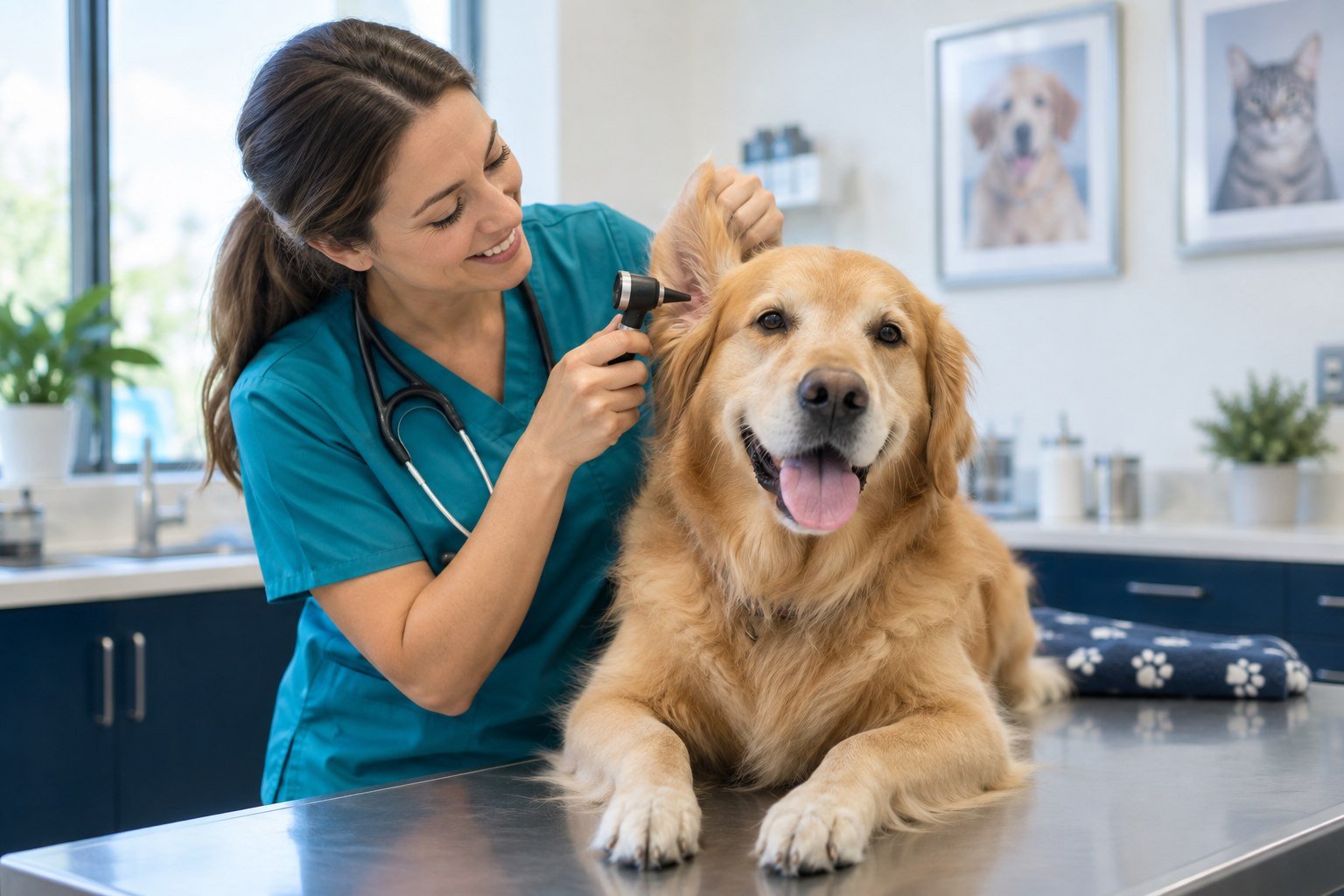 Veterinarian checking a golden retriever
