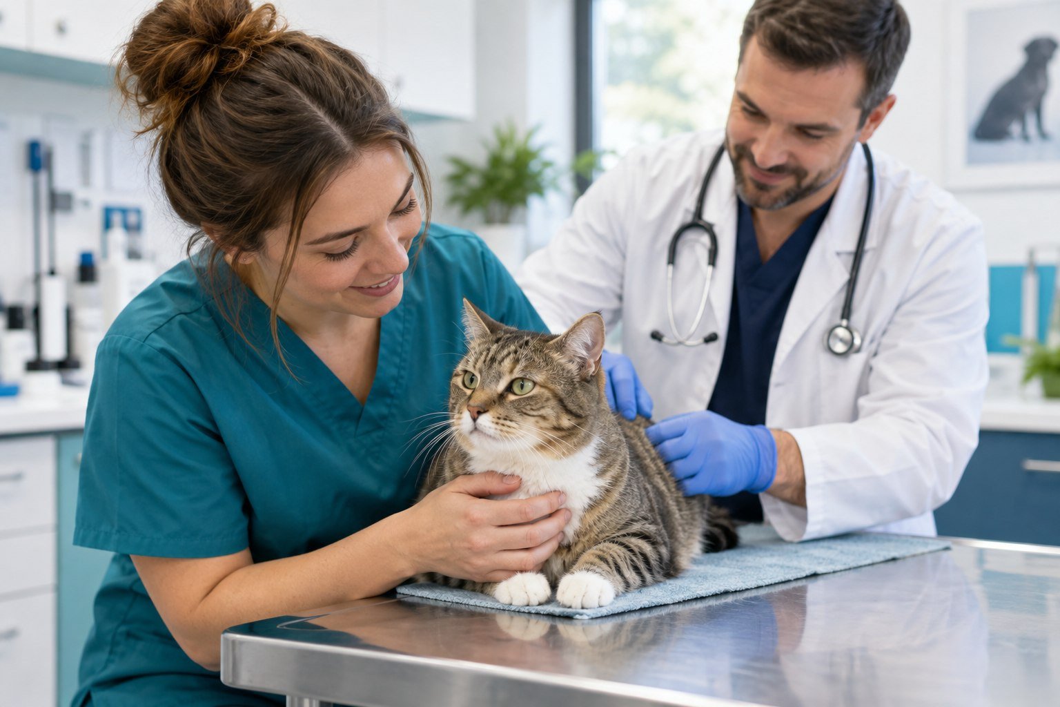 Veterinary team examining a cat
