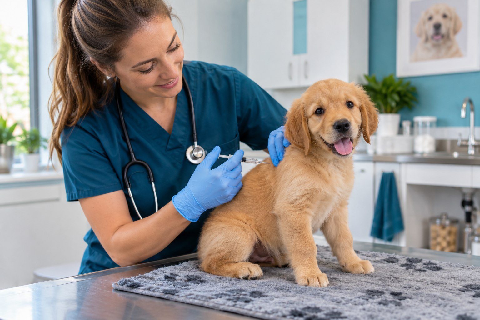 Veterinarian vaccinating a puppy