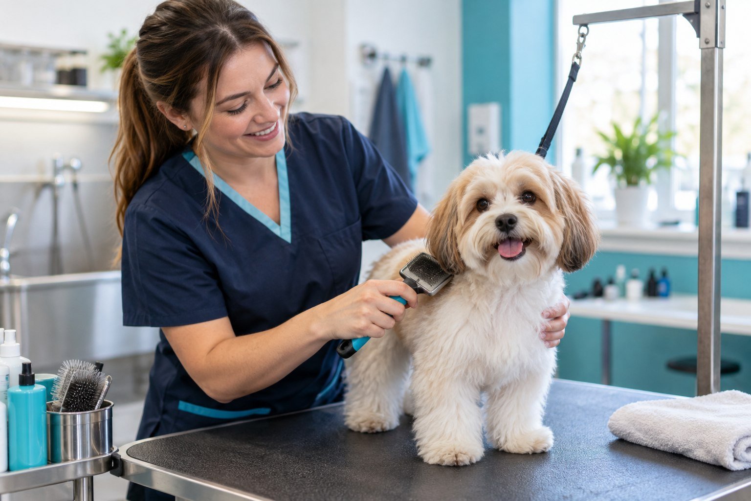 Groomer brushing a dog