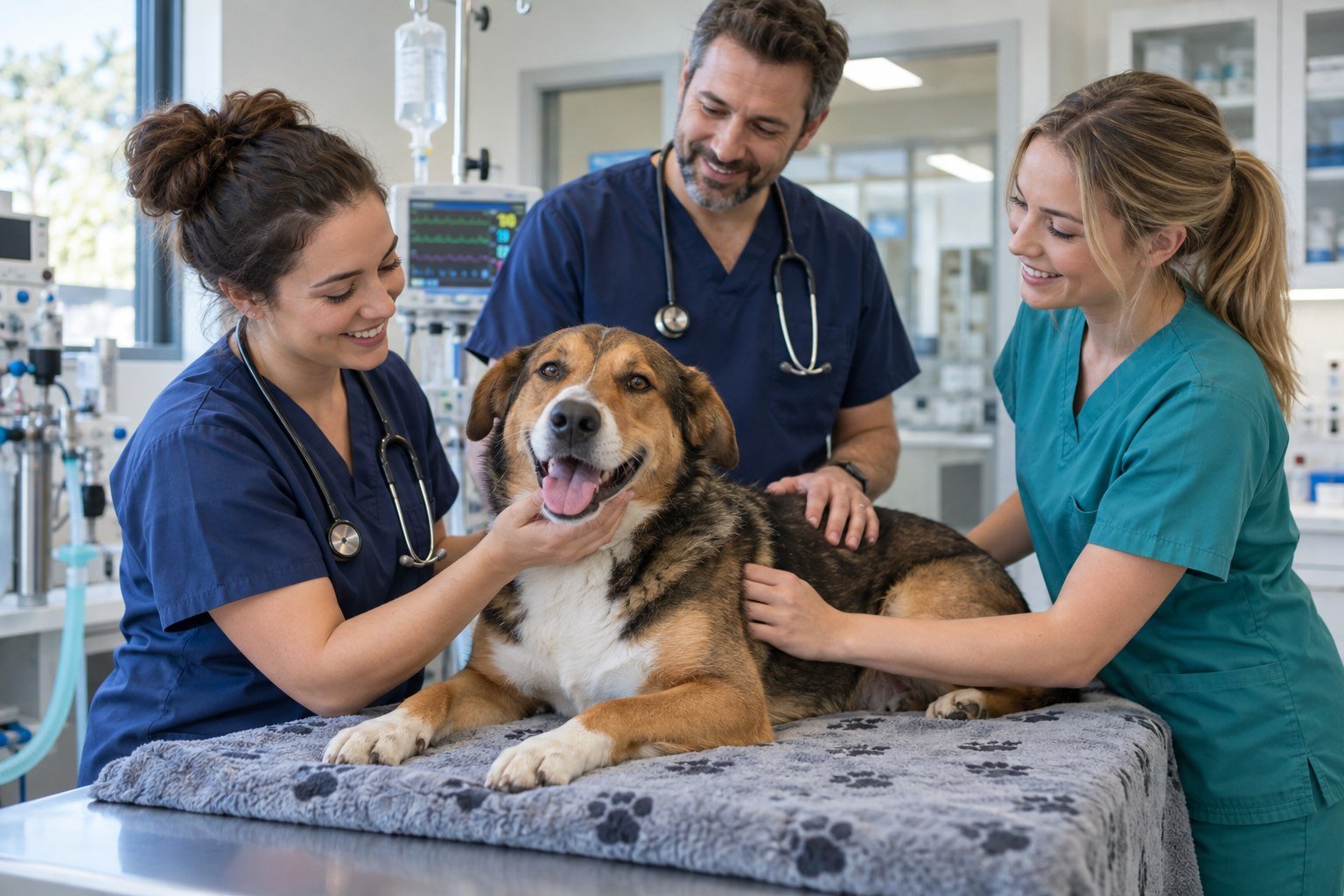 Veterinary team caring for a dog